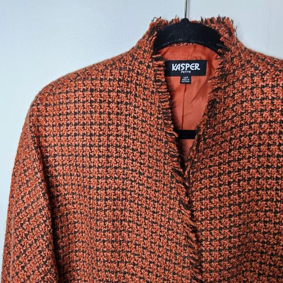 🦃 Kasper Petite Single Button Blazer Orange Black Tweed Woven Fringe Edge 12 P - Picture 3 of 11